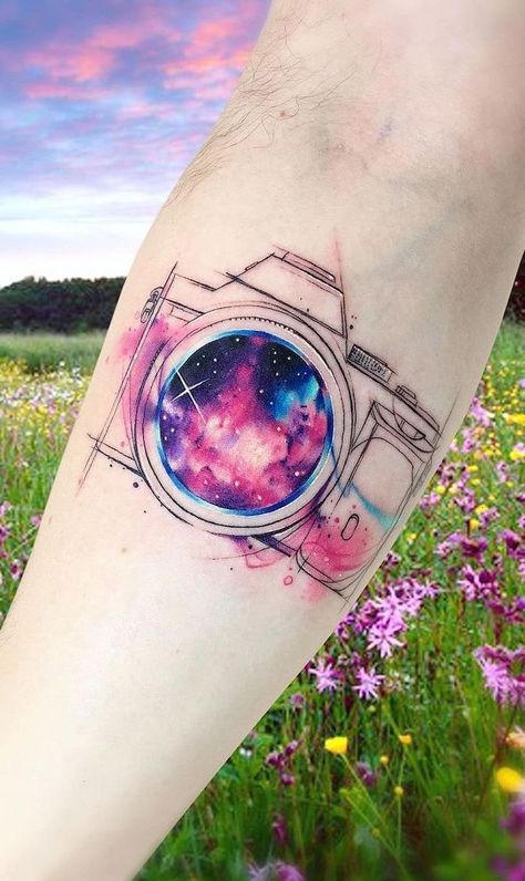 camera-lens-with-galaxy-inside-it-space-tattoo-ideas-forearm-watercolor-tattoo Galaxy Tattoos, Galaxy Tattoo Sleeve, Camera Tattoos, Best Tattoo Ever, Universe Tattoo, Camera Tattoo, Galaxy Tattoo, New Tattoo Designs, Tattoo Photography