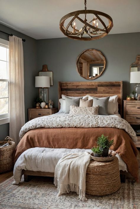 bedroom design style, bedroom decor ideas, interior design trends, modern bedroom design Master Bedrooms Decor Rustic Modern, Master Bed Design Ideas, Bedroom Inspo Rustic, Rustic Modern Style, Bedroom Inspo Master, Modern Rustic Bedding, Ranch Style Bedroom Ideas, Rustic Master Bedrooms Farmhouse, Bedroom Style Ideas Modern