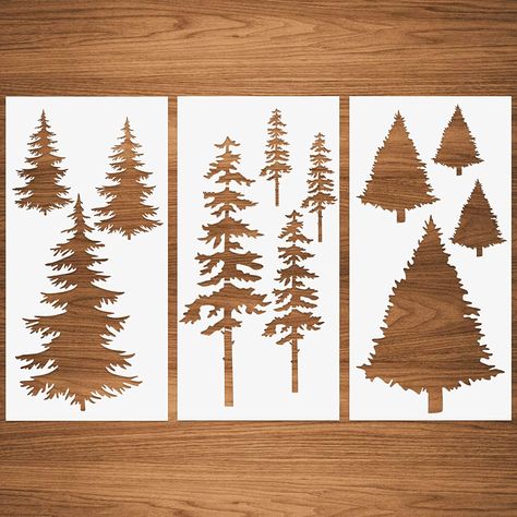 Pine Drawing, Woodland Stencil, Tree Stencil For Wall, Tree Stencils, Woodland Painting, Christmas Tree Stencil, Pine Tree Silhouette, Christmas Woodland, Stencil Decor