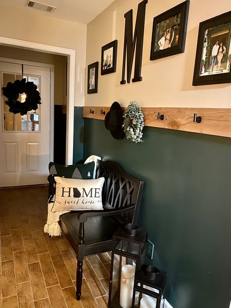 Green Farmhouse Entryway, Emerald Green Farmhouse Decor, Emerald Green Entrance Hall, Green And Black Entryway, Deep Green Entryway, Black Pattern Accent Wall, Emerald Green Hallway Ideas, Forest Green Entryway, Emerald Hallway