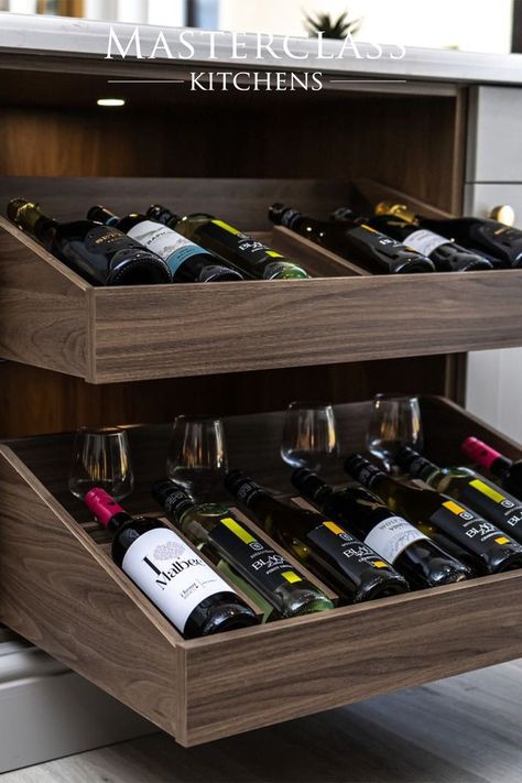 Wine racks are a great kitchen storage idea for party lovers. Find wine rack and drinks storage ideas at our website. Wine Storage Kitchen, Wine Rack Inspiration, Small Wet Bar, Alcohol Storage, Drinks Storage, Wine Rack Sideboard, Small Wine Racks, Home Bar Areas, Kitchen Storage Ideas