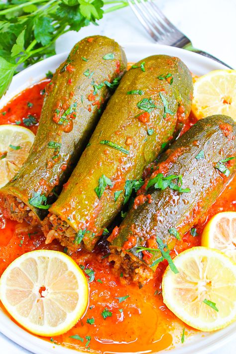 STUFFED ZUCCHINI - Maral in the Kitchen Lebanese Stuffed Squash, Stuffed Zucchini Middle Eastern, Middle Eastern Zucchini Recipes, Middle Eastern Stuffed Zucchini, Lebanese Stuffed Zucchini, Lebanese Zucchini Recipes, Zuccinni Recipe, Stuffed Zucchini Recipes, Food Iranian