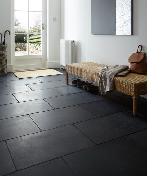 Black Slate Tiles, Sunroom Remodel, Mudroom Flooring, Garage To Living Space, Slate Tile Floor, Foyer Flooring, Black Floor Tiles, Entryway Flooring, Tiled Hallway