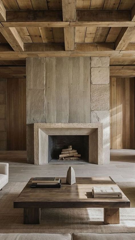 Instagram Wabi Sabi Fireplace, Fireplace Cabin, Fireplace Feature Wall, Log Home Plan, Luxurious Living Rooms, Wabi Sabi Interior, Concrete Fireplace, Wood Cladding, Lounge Design