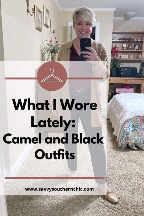 camel and black work outfits Black And Grey Fall Outfits, Outfits With Camel Pants, Black Pants Tan Sweater Outfit, Black And Tan Outfits For Women, How To Style Tan Pants, Camel Top Outfit, Camel Sweater For Workwear In Fall, Camel Colored Pants Outfit, Camel Sweater Outfit Winter