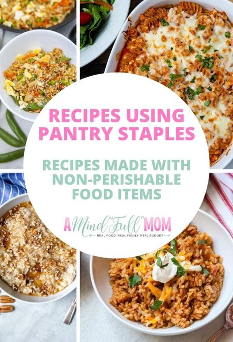 There is no need to turn to take out or make a mad dash to the grocery store if you have a well-stocked pantry. Create inexpensive and quick meals with frugal pantry staples! These simple recipes will help you make dinner fast with the pantry and kitchen basics. List Of Meals, Frugal Pantry, Stocked Pantry, Homemade Refried Beans, Non Perishable Foods, Healthy Pantry, Kitchen Basics, Non Perishable, Slow Cooker Pasta