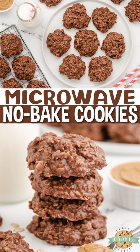 MICROWAVE NO-BAKE COOKIES - Family Cookie Recipes Microwave No Bake Cookies, Best No Bake Cookies, Easy Microwave Recipes, Easy No Bake Cookies, Chocolate No Bake Cookies, Oatmeal Cookies Easy, Monster Cookies Recipe, Cookie Cups Recipe, Thanksgiving Desserts Easy