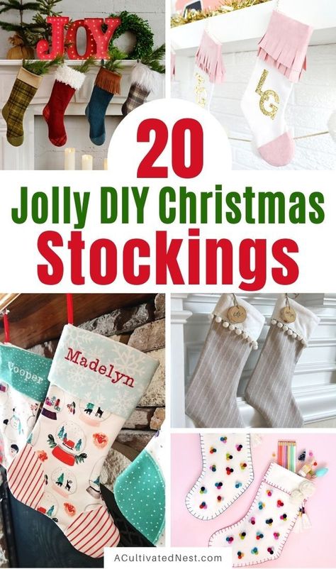 20 Jolly DIY Christmas Stockings- Make your Christmas stockings personalized this year with these easy tutorials for how to make DIY Christmas stockings! These are great projects for all levels of sewing skill! | #homemadeChristmasStockings #ChristmasSewing #diyProjects #ChristmasStockings #ACultivatedNest Diy Stocking Decorating Ideas, Sweater Christmas Stockings, Diy Christmas Stockings, Easy Christmas Stockings, Diy Christmas Canvas, Striped Christmas Stocking, Sewing Beginners, Christmas Stocking Decorations, Christmas Decs