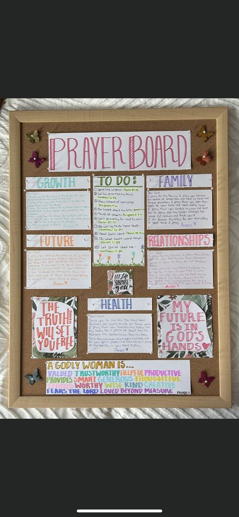 Bible Study Decorations, Prayer Boards For Home, Christian Whiteboard Ideas, Bible Study Party Ideas, Prayer Boards For Teens, Prayer Cork Board Ideas, Bible Study Desk Setup, Prayer Board Ideas Creative Inspiration, Prayer Board Ideas Pink