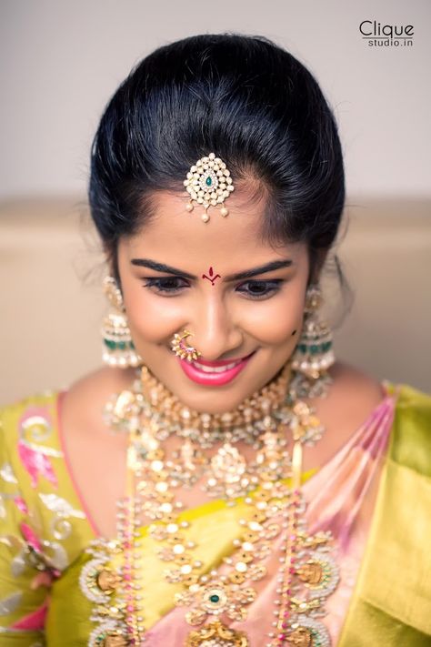 Green And Pink Pattu Saree, Pink Pattu Saree, Wedding Lip, Telugu Bride, Bride And Son, Wedding Lips, Marriage Stills, Nose Ring Jewelry, Wedding Stills