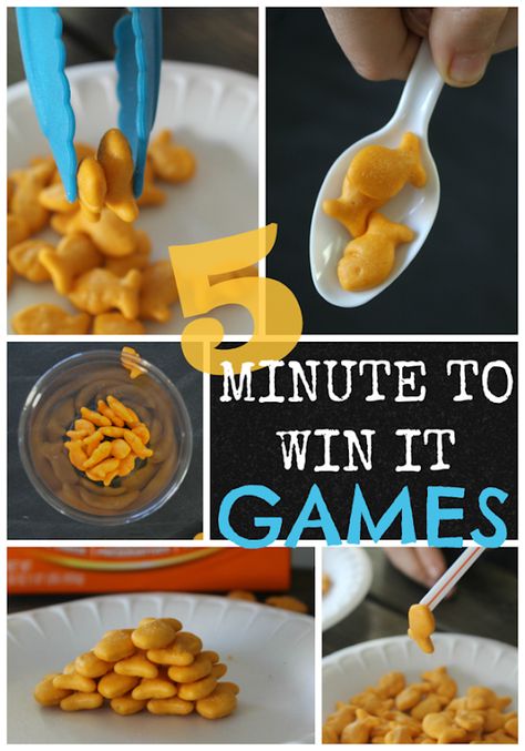 5 Minute to Win It Games @ GingerSnapCrafts.com #games #goldfish Minute To Win It Food Games, Food Minute To Win It Games, Candy Minute To Win It Games, Simple Minute To Win It Games, Goldfish Game, Fishing Party Games, Minute To Win It Games For Kids, Food Games For Kids, Games For Groups