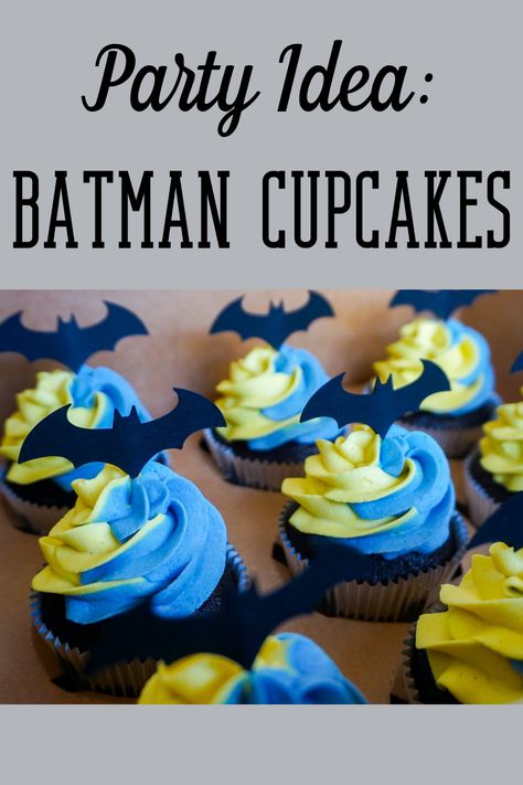 A great party idea! Batman themed cupcakes made with chocolate cupcakes and vanilla buttercream with a blue and yellow swirl with natural food coloring. Custom toppers with the batman logo.  #chocolatecake #chocolatecupcakes #vanillabuttercream #vanillafrosting #naturalfoodcoloring #batmancupcakes #batmanparty #batmanbirthday #ideas #batmanbirthdayideas #batmancake #kidsbirthday #kidsbirthdayideas #batman #dessert #dessertideas #mtnsidebakery #cupcakes #chocolate Batman Cupcakes Ideas, Batman Cake And Cupcakes, Batman Pull Apart Cupcakes, Batman Cupcake Cake, Pull Apart Batman Cupcake Cake, Batman Food, Cake Diy Easy, Simple Batman Cake Ideas, The Batman Logo