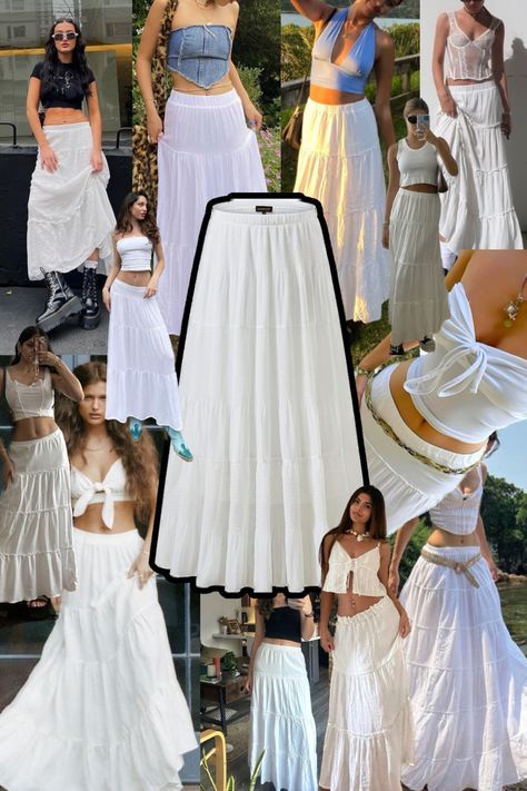 White Maxi Skirt Outfit, Mexican Outfits, Summer Core, Skirt Outfits Aesthetic, White Skirt Outfits, Maxi Skirt Outfit, Skirt Outfit Summer, Long Flowy Skirt, White Maxi Skirt