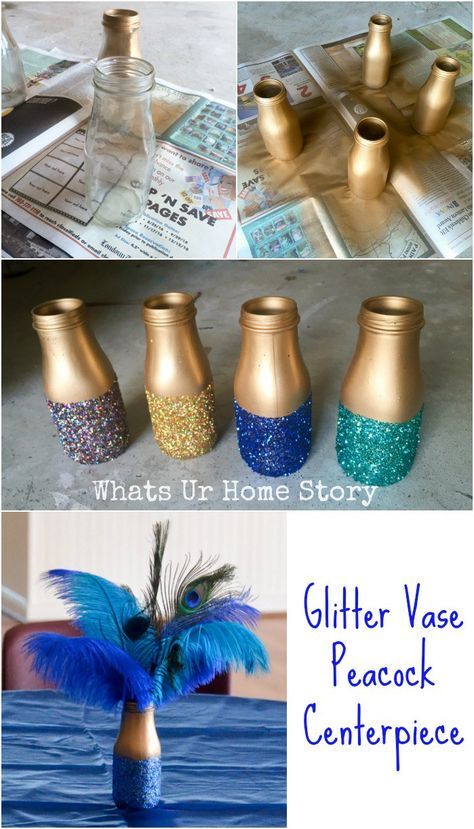 Peacock Theme Party, Diy Glitter Jar, Glitter Jars Diy, Peacock Birthday Party, Peacock Centerpieces, Glitter Vases, Peacock Crafts, Peacock Party, Upcycle Diy