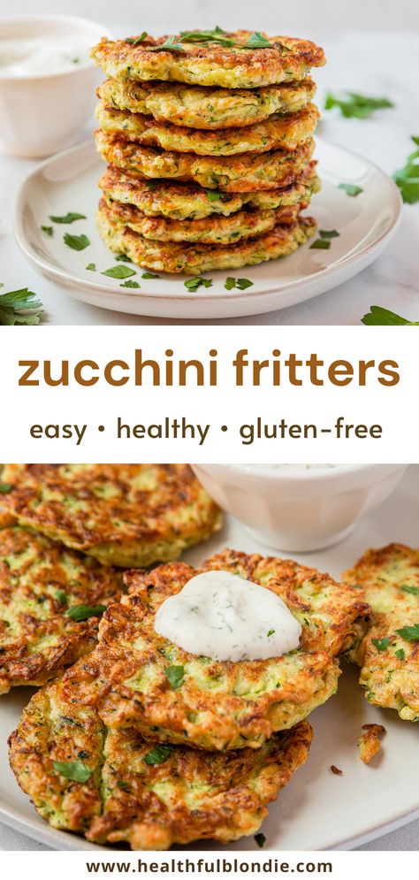 Crispy and delicious gluten-free zucchini fritters that are made with simple and healthy ingredients like egg, homemade oat flour, and crumbled feta. These savory Greek-inspired zucchini pancakes are super easy and served with homemade tzatziki sauce. The ideal appetizer, brunch recipe, and side dish for lunch and dinner. #HealthyRecipe #HealthyFritters #ZucchiniFritters Zucchini Fritters Gluten Free, Homemade Oat Flour, Baked Zucchini Fritters, Zucchini Pancakes, Homemade Tzatziki Sauce, Homemade Tzatziki, Healthy Zucchini, Brunch Recipe, Zucchini Fritters