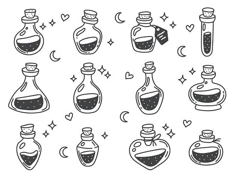 Potion alchemy jar bottle mystic glass l... | Premium Vector #Freepik #vector #potion-bottle #magic-potion #elixir #potion Magic Potion Bottles Drawing, Potions Drawing, Potion Bottles Drawing, Glass Line Art, Aa Logo, Bottle Drawing, Bottle Tattoo, Line Art Style, Potion Bottles