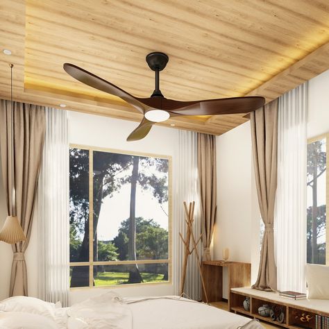 60" 3-Blades Wood Ceiling Fan with LED Light and Remote Control - N/A - Bed Bath & Beyond - 37747280 Boho Ceiling Fan, Wood Ceiling Fan, Wood Ceiling Fans, Light Fan, Remote Control Light, Wood Ceiling, Ceiling Installation, Bedroom Ceiling, Dimmable Led Lights