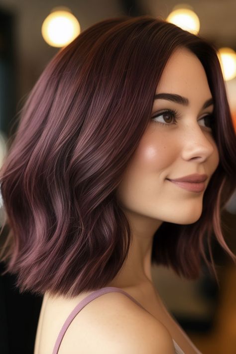 Mahogany Plum hair colour, fall hair color idea Plum Brown Balayage, Brunette Hair With Plum Highlights, Mushroom Mulberry Hair Color, Dark Burgundy Ombre Hair, Medium Plum Hair, Chocolate Purple Hair Color, Deep Burgundy Hair Color Short, Brown Plum Hair Color, Light Plum Hair Color