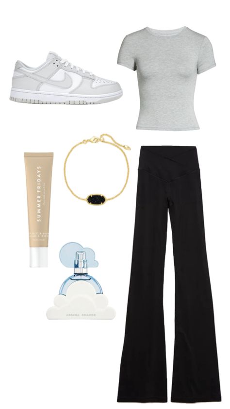 Pants-aerie shirt-garage shoes-photon dust dunks bracelet-Kendra Scott Photon Dust Dunks, Dunks Outfit, Grey Outfit, Cozy Outfit, Comfy Outfits, Cute Outfits, Grey, Outfit Inspo, Pants