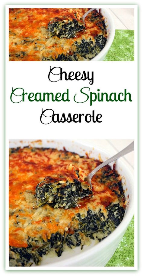 Cheesy Creamed Spinach Casserole uses frozen chopped spinach for the creamed spinach base with added cream cheese and a grated cheese topping. #CheesyCreamy #SpinachCasserole Creamed Spinach Casserole, Spinach Casserole Recipes, Keto Creamed Spinach, Spinach Souffle, Spinach Casserole, Cheesy Spinach, Desserts Keto, Keto Cream, Vegetable Casserole