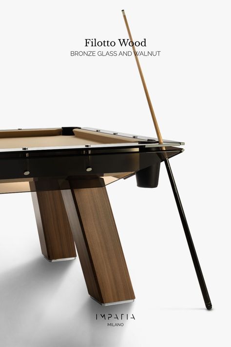 Impatia pool table with bronze glass frame structure and Walnut wood legs Modern Billiard Room, Modern Pool Tables, Billard Table, Contemporary Pool, Modern Pool Table, Wooden Pool, Pool Table Room, Modern Pool, Pool Tables