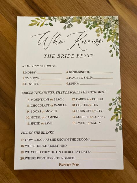 Who Knows Bride Best Game, Bridal Shower Who Knows The Bride Best, This Or That Questions Bride, Minimal Bridal Shower Games, Bridal Party Games Funny, Bridal Shower Unique Games, Hens Day Games, Who Knows The Bride Best Printable Free, Who Knows The Bride Best Questions