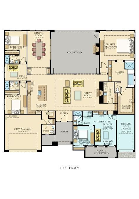 U Shaped House Plans, U Shaped Houses, Multigenerational House Plans, Multigenerational House, Two Master Suites, Inlaw Suite, Courtyard House Plans, Casas The Sims 4, Family House Plans