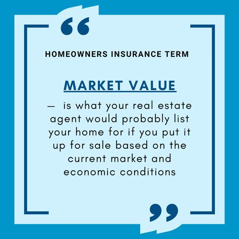 Your home’s market value is what your real estate agent would probably list your home for if you put it up for sale. It is based on the current market and economic conditions which are out of your control and are affected by several factors. For more insurance terms, check out the full article here: https://bit.ly/40IEtPS #HomeownersInsurance #HomeownersInsurancePolicy #HomeInsurancePolicy #HomeInsurance #Insurance Low Mood, Market Value, Insurance Policy, Homeowners Insurance, Home Insurance, Estate Agent, Real Estate Agent, Insurance, Real Estate