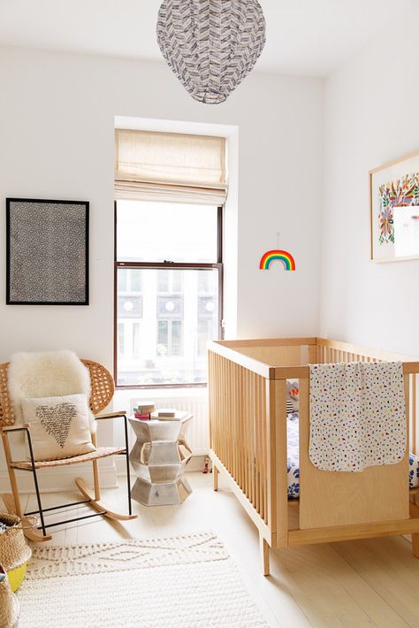 Modern Brooklyn Brownstone Apartment Tour From The 1890s Crib In Corner, Modern Nursery Design, Small Room Nursery, Mid Century Modern Nursery, Small Baby Room, Tiny Room, Minimalist Nursery, Brooklyn Brownstone, Small Nurseries