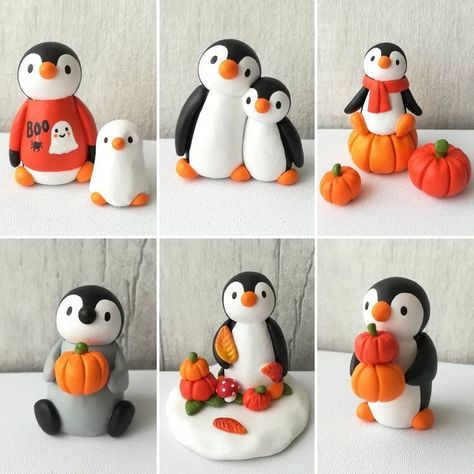 Christmas Polymer Clay, Crafts Clay, Crea Fimo, Autumn And Halloween, Penguin Cakes, Pumpkin Cutouts, Penguin Decor, Polymer Clay Gifts, Fondant Animals