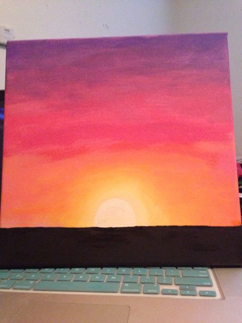 Mini Paintings Sunset, Golden Hour Painting Easy, Sun Shine Drawing, Sunset Sponge Painting, Simple Sunset Paintings For Beginners, Sunset Painting Ideas Easy Simple, Pretty Sunset Paintings Easy, Sun Rise Painting Easy, Sunset Sky Painting Easy