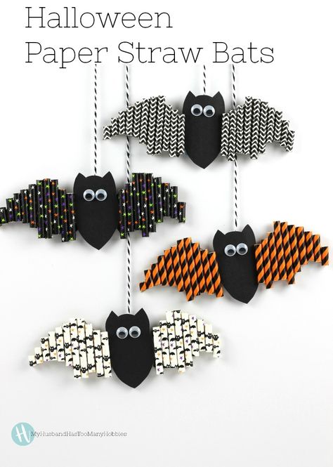 Halloween Paper Straw Bats - My Husband Has Too Many Hobbies Inexpensive Halloween Crafts, Paper Straws Crafts, Spooky Diy Halloween Decor, Halloween Crafts To Sell, Halloween Infantil, Straw Crafts, Easy Halloween Crafts, Halloween Party Supplies, Halloween Crafts For Kids