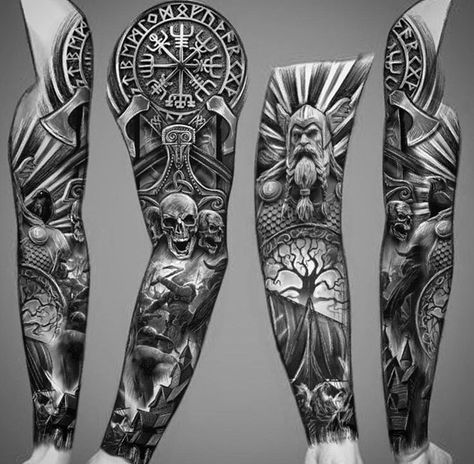 Full Sleeve Viking Tattoo, Large Viking Tattoos, Men’s Viking Tattoos, Odin Tattoo Sleeve, Viking Tattoos For Men Warriors, Viking Sleeve Tattoo For Men, Viking Sleeve Tattoo, Viking Tattoo Ideas, Viking Sleeve