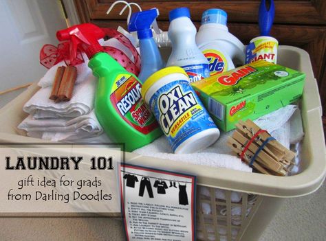 graduation gift ideas | Laundry 101 Gift Basket from Darling Doodles Laundry Basket Gift Ideas For College, Laundry Gift Basket Ideas Colleges, College Laundry Basket Gift, Laundry Basket Gift Ideas, Laundry 101, Laundry Gifts, Basket Gifts, Diy Gift Baskets, Basket Gift