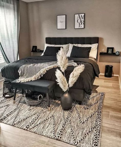 Beige And Black Bedroom, Small Bedroom Ideas For Couples, Bedrooms For Couples, Black Bedroom Decor, Apartment Decorating Living, Grey Bedroom Decor, Couple Room, Decor Ideas Bedroom, Black Bedroom Furniture