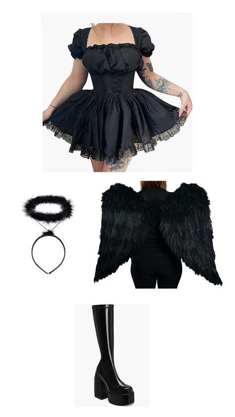 poofy black dress, with dark angel halo and dark angel wings with platform boots. all black Halloween Costumes Angel Black, Black Cupid Costume, Dark Angel Aesthetic Costume, Black Angel Costume Aesthetic, Black Fairy Costume Halloween, Dark Angles Halloween, Dark Angles Halloween Costumes, Dark Angel Costume Diy, Black Angel Costume Halloween