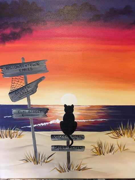 Spooky Beach, Scary Paintings, Pinots Palette, Fall Beach, Spooky Movies, Sip N Paint, Holiday Painting, Halloween Painting, Paint And Sip