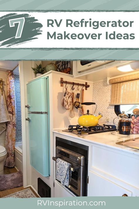 Have one of those RV refrigerators that’s covered in fake wood? Who thought that was a fashionable look?! Give your RV fridge a makeover with one of these unique ideas. #rvkitchen #rvinspiration #rvdecor #rvrenovation Refrigerator Makeover Ideas, Rv Newbies, 12 Volt Appliances, Refrigerator Makeover, Rv Fridge, Rv Models, Rv Cleaning, Refrigerator Doors, Rv Inspiration