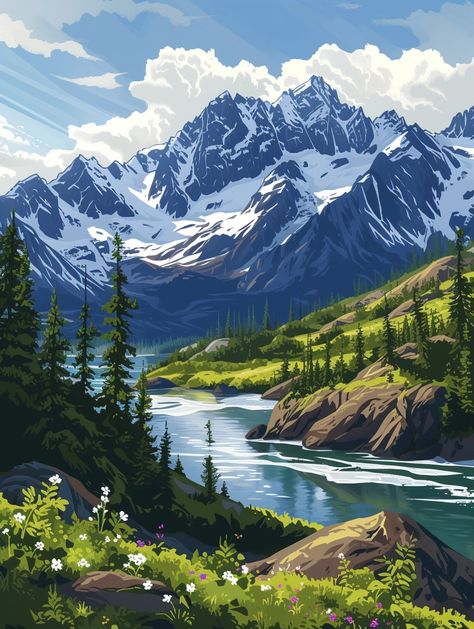 💎🌟Travel Wall Art with Midjourney Prompts - Click the Link in my Bio🌐🔗 Colorado Mountains Aesthetic, Poster Colour Landscape, Colorado Drawing, Mountain Landscape Drawing, Mountains Aesthetic, Mountain Illustration, Landscape Quilts, Gouache Art, Art Gallery Wallpaper