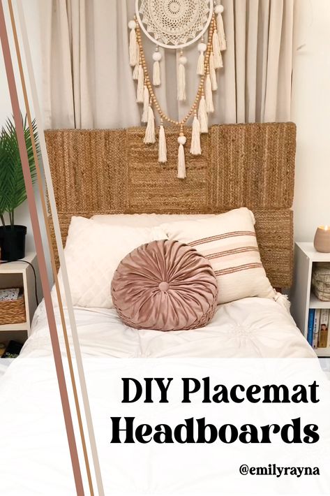 Diy Wicker Headboard, Placemat Headboard, Cheap Headboard Ideas Diy, Diy Boho Headboard Ideas, Boho Headboard Ideas, Diy Boho Headboards, Diy Rattan Headboard, Diy Boho Headboard, Diy Dorm Headboard