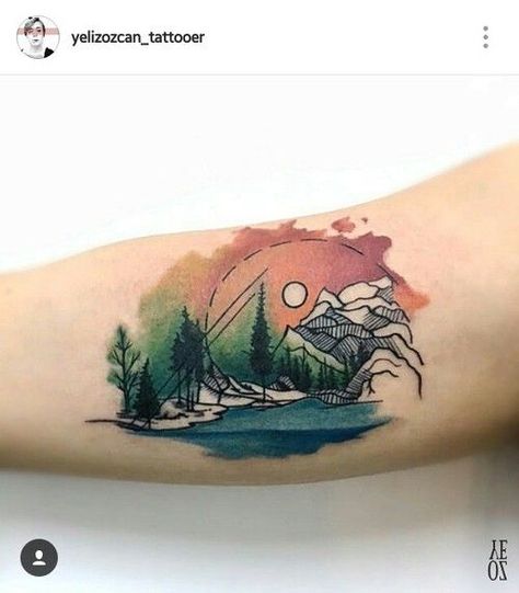 Watercolor Mountains Tattoo, Berg Tattoo, Tattoo Mountain, Camping Tattoo, Mother Nature Tattoos, Nature Tattoo Sleeve, Tattoo Nature, Tattoos Mandala, Circle Tattoos