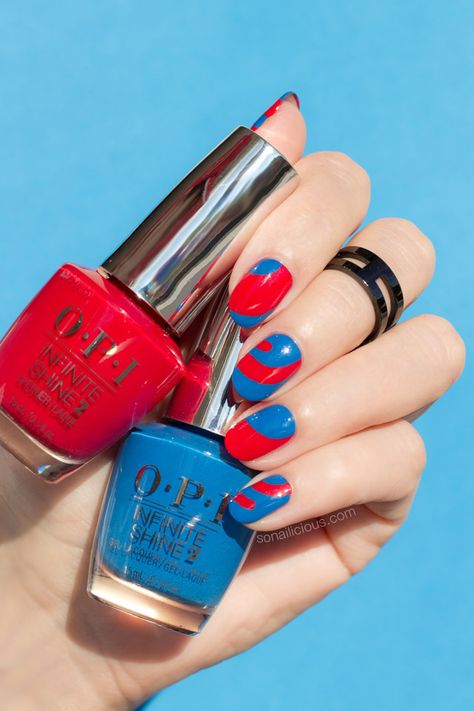 blue and red nail design, OPI Infinite Shine nail polish Red And Blue Nails Design, Blue Red Nails, Red Blue Nails, Blue And Red Nails, Red And Blue Nails, Essie Red Nail Polish, Pedicure Design, Bright Red Nails, Fish Drawing