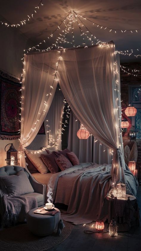 A dreamy boho bedroom illuminated by string lights, lanterns, and soft, ambient lighting for a magical atmosphere Bedroom Curtain Lights, Whimsical Lighting, Boho Bedroom Ideas Bohemian, Modern Boho Bedroom, Boho Style Bedroom, Cozy Boho, Curtain Lights, Style Bedroom, Set The Mood