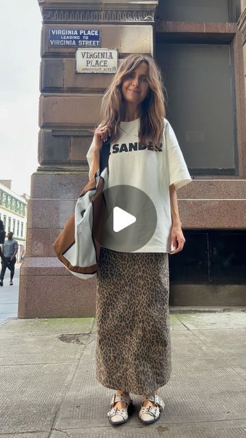 Caroline Cook on Instagram: "Documenting the sunshine in Glasgow on Monday ☀️

See what I got up to on Stories 

Happy Friday and have a lovely weekend xx

*Outfit details - actually took my blazer off! 

Skirt @mercantilelondon ad/pr
T shirt @jilsander @mytheresa.com 
Shoes Ganni @coggles 
Bag @thecontentsbag_andme ad/pr

#leopardmaxi #scottishstreetstyle #gannigirls #oversizedtshirt #streetstyle #glasgowstyle #scottishblogger" Ganni Shirt Outfit, Ganni T Shirt Outfit, Ganni Tee Outfit, Ganni Tie Top, Ganni Bou Bag, Ganni T Shirt, Ganni Leopard, Have A Lovely Weekend, Tshirt Outfits