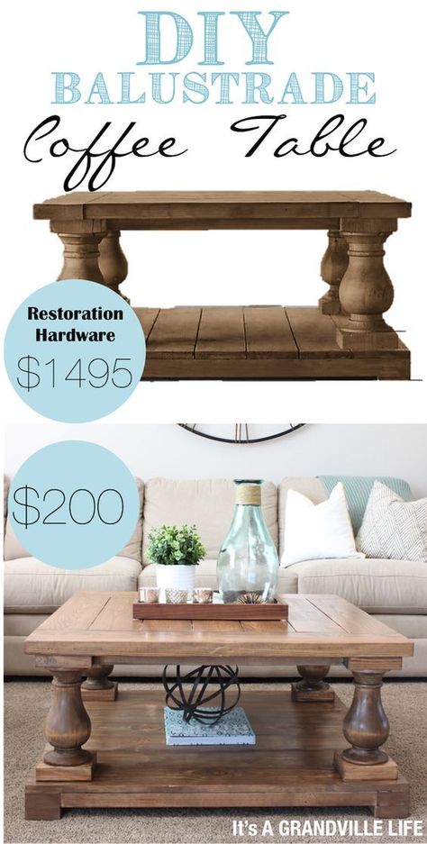 Diy Balustrade, Balustrade Coffee Table, Coffee Table Restoration Hardware, Coffee Table Restoration, Diy Restoration Hardware, Couch Diy, Table Diy, Furniture Couch, Diy Coffee Table