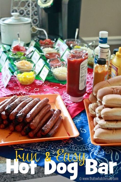 Hot Dog Bar Ideas Hot Dog Bar Ideas, Hamburger Bar, Grilling Party, Hot Dog Party, Party Food Bars, Teacher Morale, Party Food Bar, Hockey Party, Hot Dog Bar