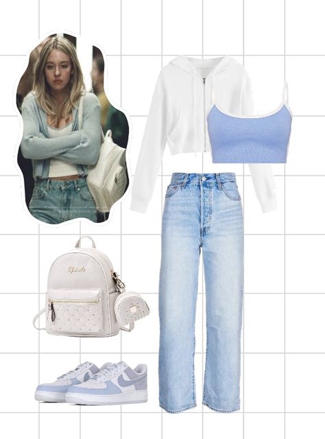 Simple and easy to recreate blue Cassie look. Cassie From Euphoria Outfits, Euphoria Clothing, Euphoria Fashion, Style Analysis, Fashion Attire, Street Style Chic, Blue Outfit, Character Outfits, Girls Jeans