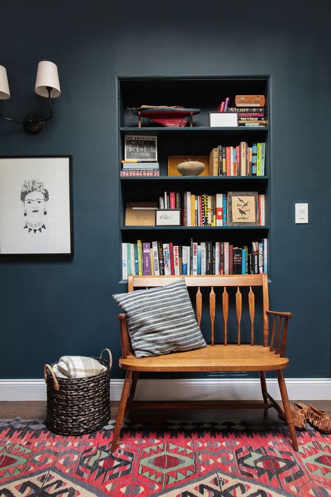 Rustic California Home – Reading Nook Nook Decor, Hague Blue, Reading Nooks, Dark Walls, Dark Wall, Cheap Decor, Home Library, Book Shelf, Tv Room