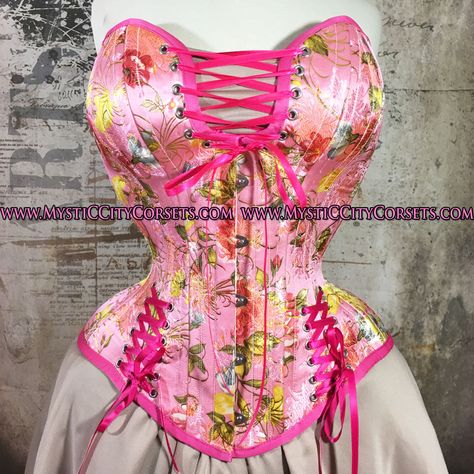 Summer Pink Underbust Corset, Plunge Corset, Pink Feminine Underbust Corset, Pink Underbust Corset With Boning, Pink Underbust Feminine Corset, Pink Lace Trim Underbust Corset, Tightlacing Corset, Pink Brocade, Semi Formal Attire