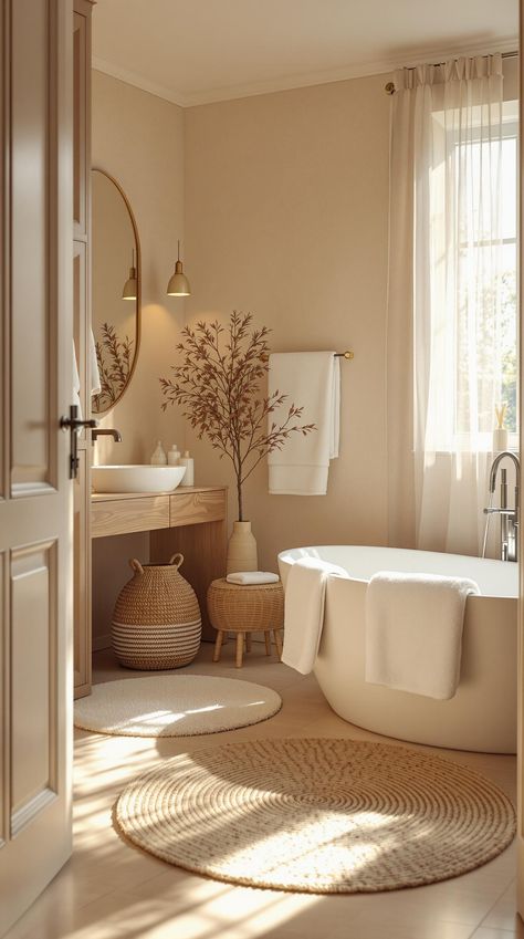 Neutral Bathroom Decor Ideas Cream And Wood Bathroom Ideas, Nuetral Pallete Bathrooms, Bathroom Warm Tones, Neutral Bathroom Decor Ideas, Modern Neutral Bathroom, Beige Toilet, Girl Apartment Ideas, Inviting Bathroom, Timeless Bathroom Design